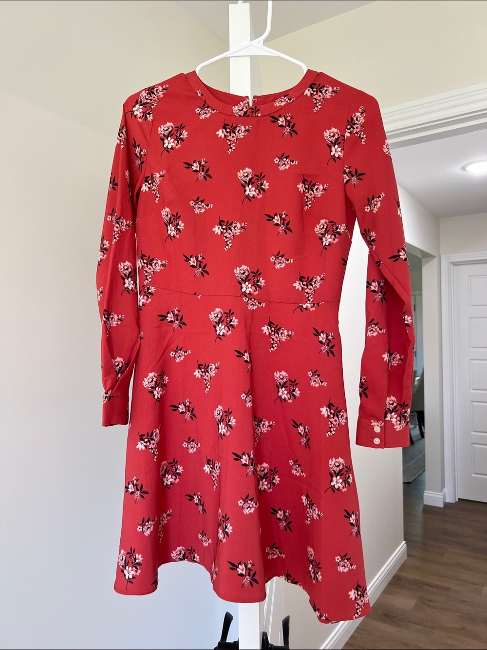 LOFT Red Floral Long Sleeve Fit-and-Flare Dress